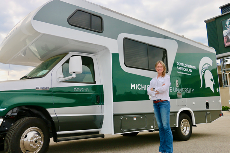 Dr. Walsh with the mobile speech lab